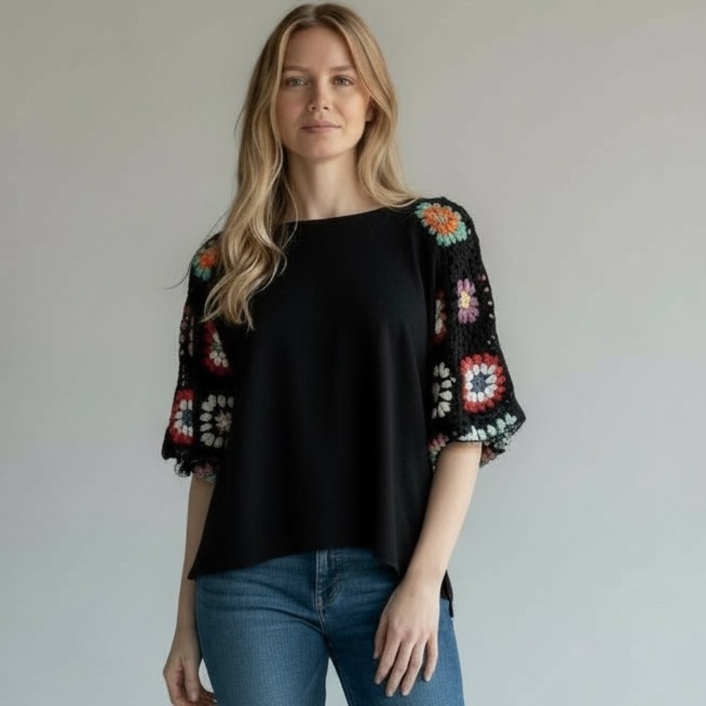 NWT Umgee Blouse Womens S Flower Print Crochet Puff Sleeve Dopamine Boho Top